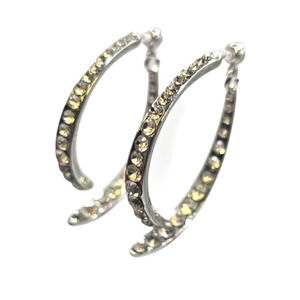 Earrings Silver Tone Clear Rhinestone Hoop Curved Open Design Fashion SKU2409